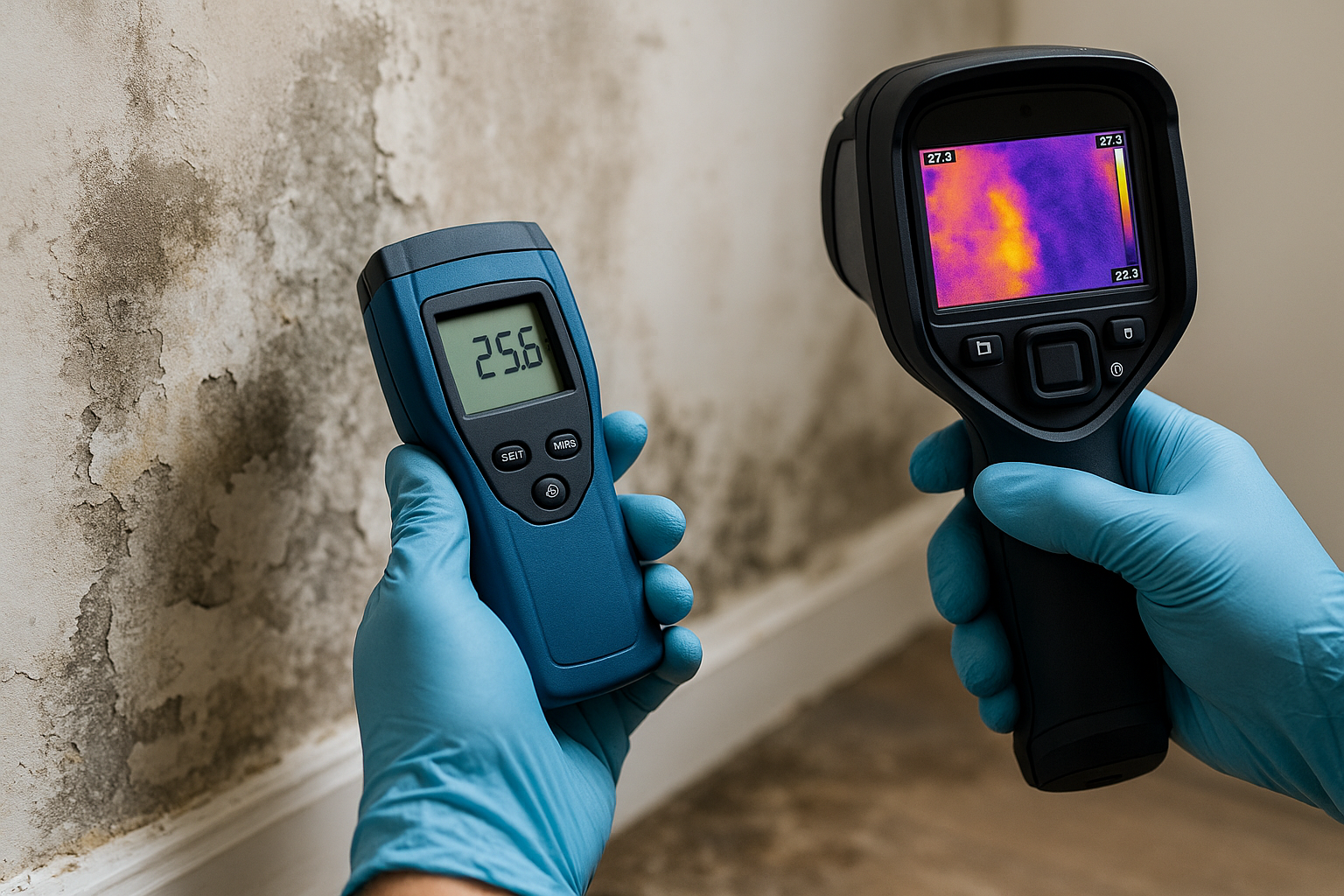 Inspector performing moisture assessment with hygrometer