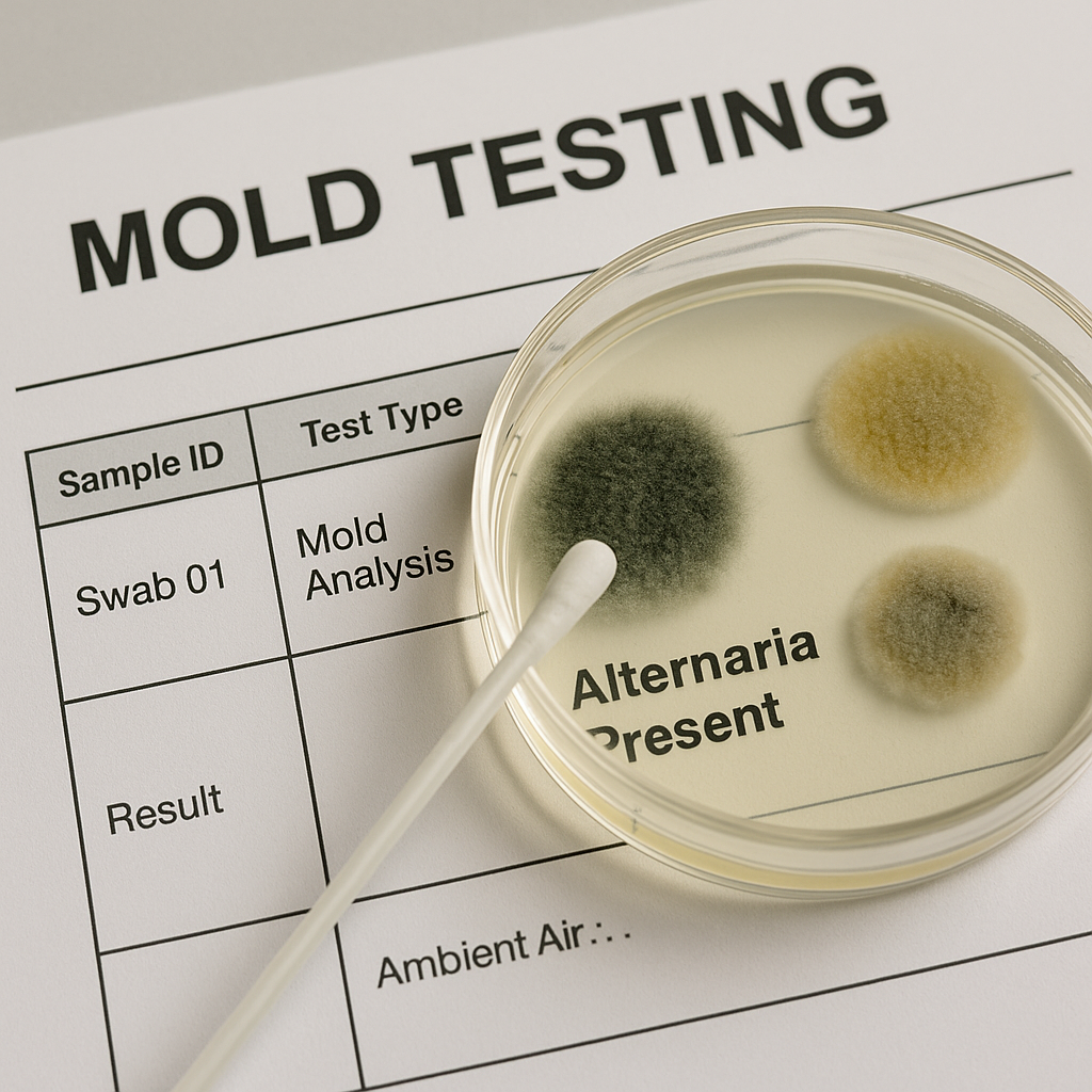 Reviewing lab mold report at desk